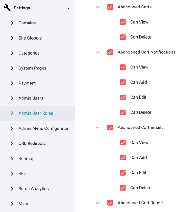 Admin User Roles and permissions for the Abandoned Cart Recovery extension