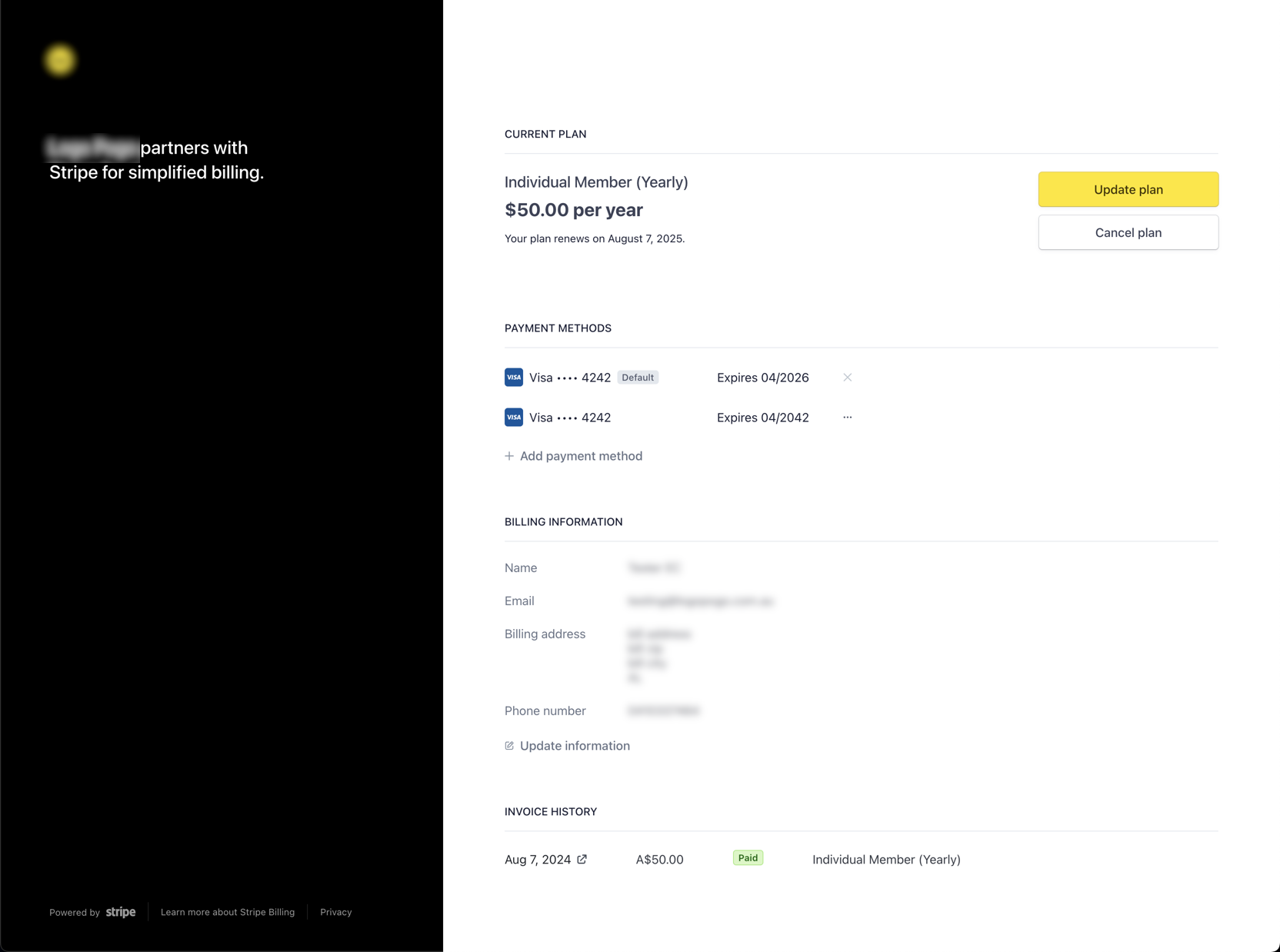 Stripe Customer Portal interface