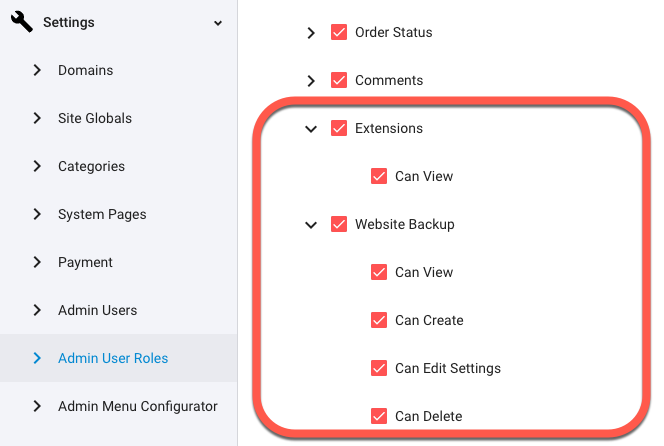 Admin User Roles and permissions for the Website Backup extension