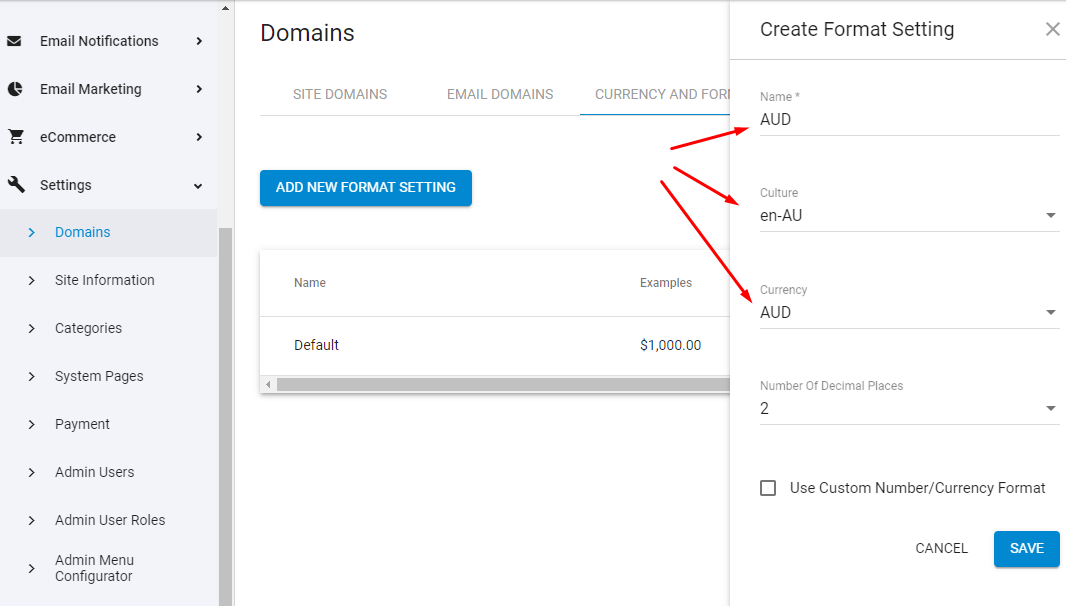 Currency/Format settings example